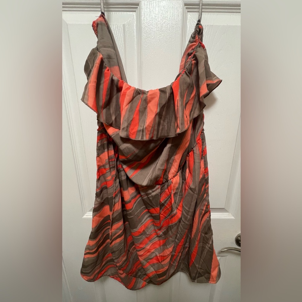 GAP Coral and Gray Striped Ruffle Blouse